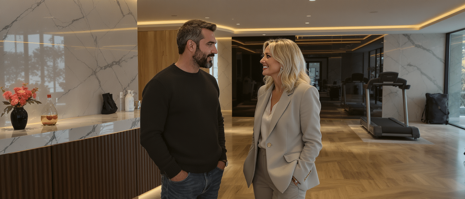 kad merad et michèle laroque sont les ambassadeurs d’un club de sport privé parisien, dont l’adhésion atteint 12 000 € par an.